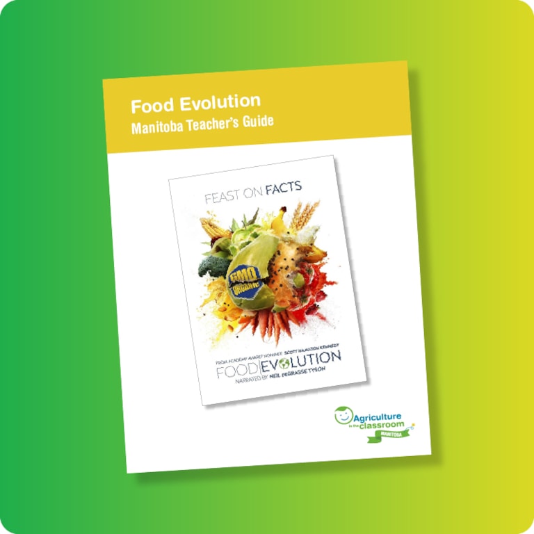Food Evolution teacher guide cover on green and yellow gradient background