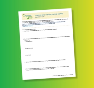 COVID-19 and Canada's Food Supply worksheet page on green and yellow gradient background