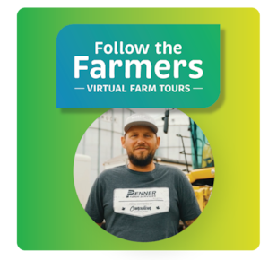 Farmer standing facing the camera. Photo is superimposed on a green and white gradient background