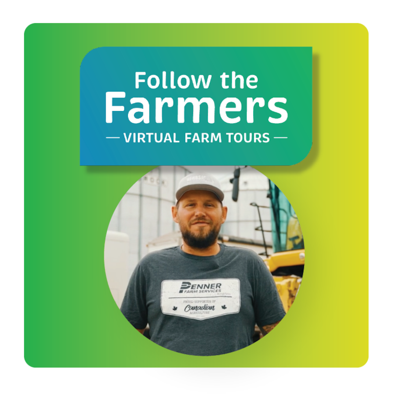 Farmer standing facing the camera. Photo is superimposed on a green and white gradient background