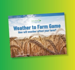 Field of wheat with Weather to Farm Game title