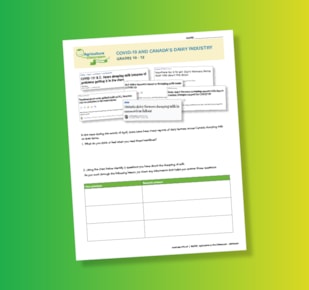 COVID-19 and Canada's Dairy Industry Teache Guide page on green and yellow gradient background