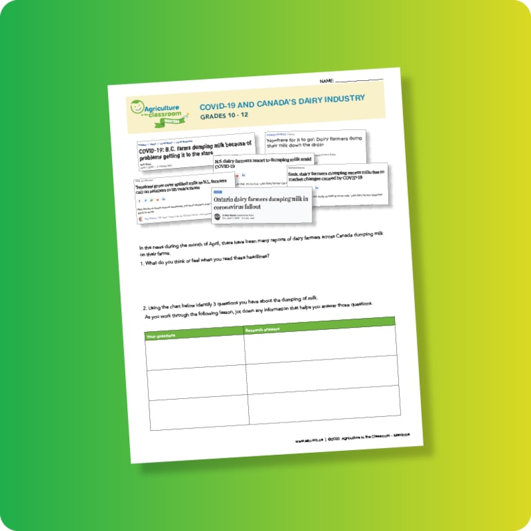 COVID-19 and Canada's Dairy Industry Teache Guide page on green and yellow gradient background