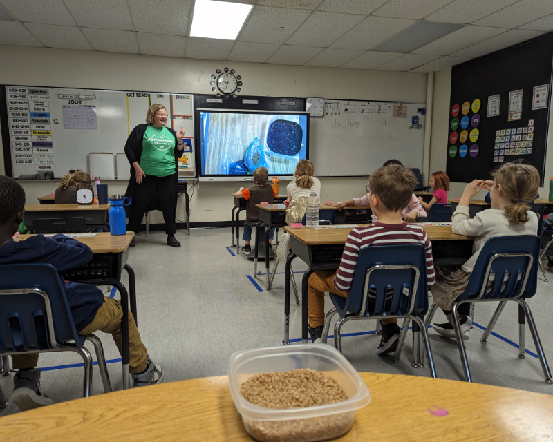 Classroom of students facing the front of the room, where a volunteer is presenting and showing a video