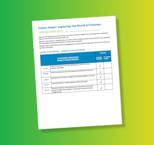 Potato Power teacher guide page on green and yellow gradient background