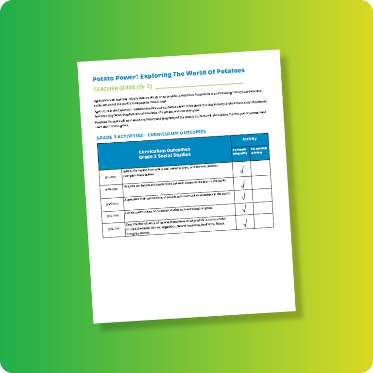 Potato Power teacher guide page on green and yellow gradient background