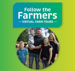 Follow the Farmers wordmark logo with an image of Andre Steppler and his family below