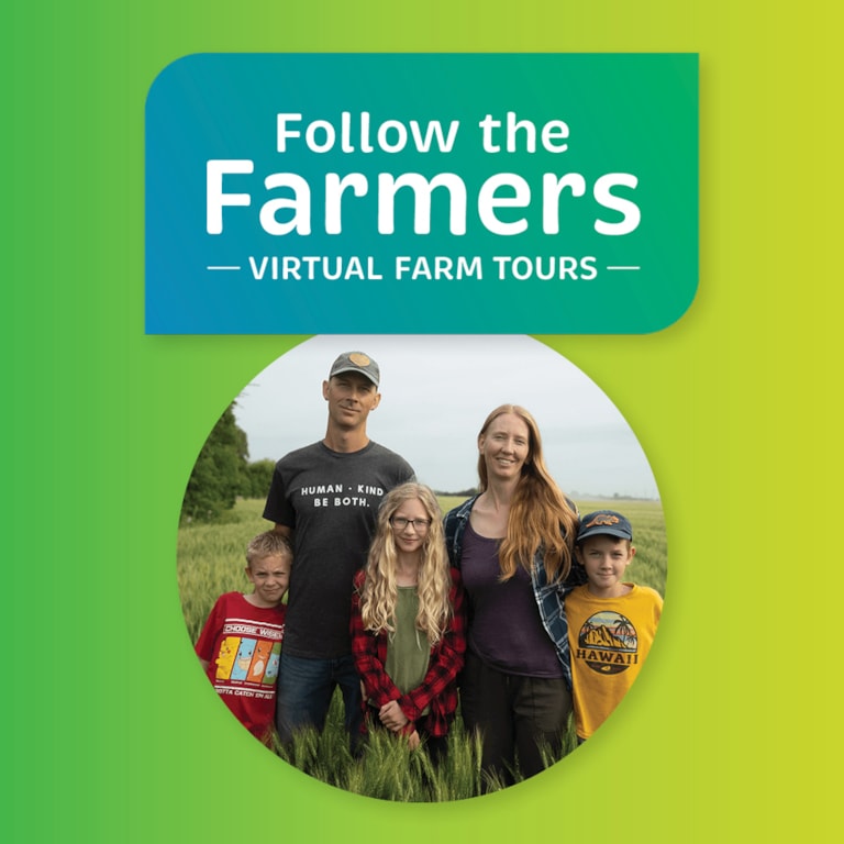 Follow the Farmers wordmark logo with an image of Jason Rempel and his family below