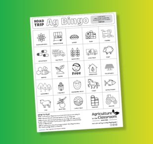 Road trip Ag Bingo card on green and yellow gradient background