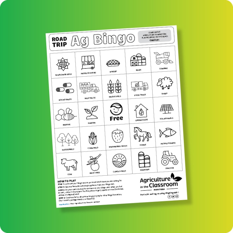 Road trip Ag Bingo card on green and yellow gradient background