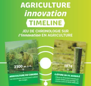 Top card of the Agriculture Innovation Timeline Game on a green and yellow gradient background. Banner saying new superimposed on top.