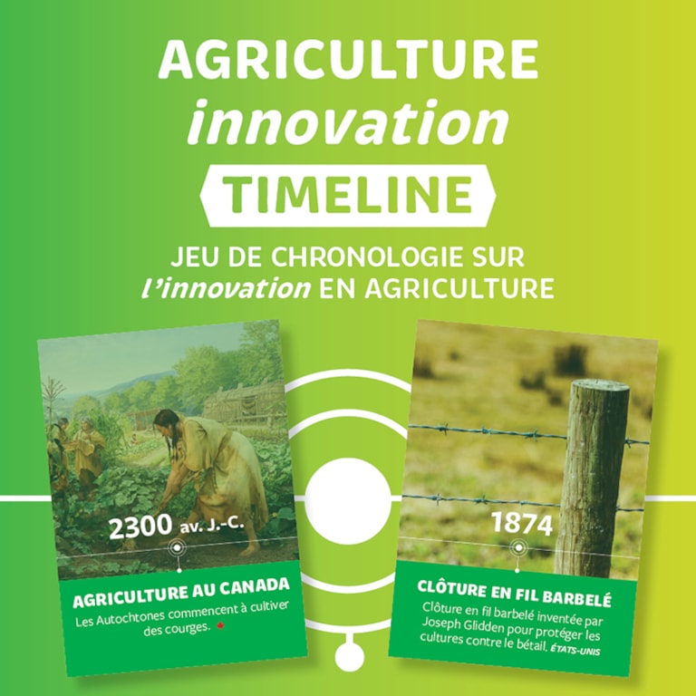 Top card of the Agriculture Innovation Timeline Game on a green and yellow gradient background. Banner saying new superimposed on top.