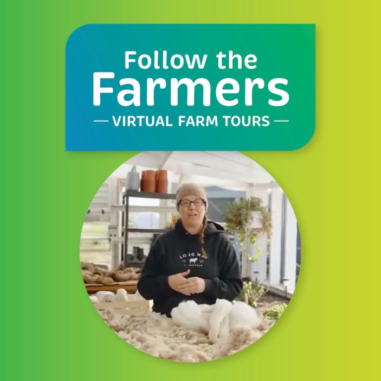 Follow the Farmers wordmark logo with an image of a sheep farmer below